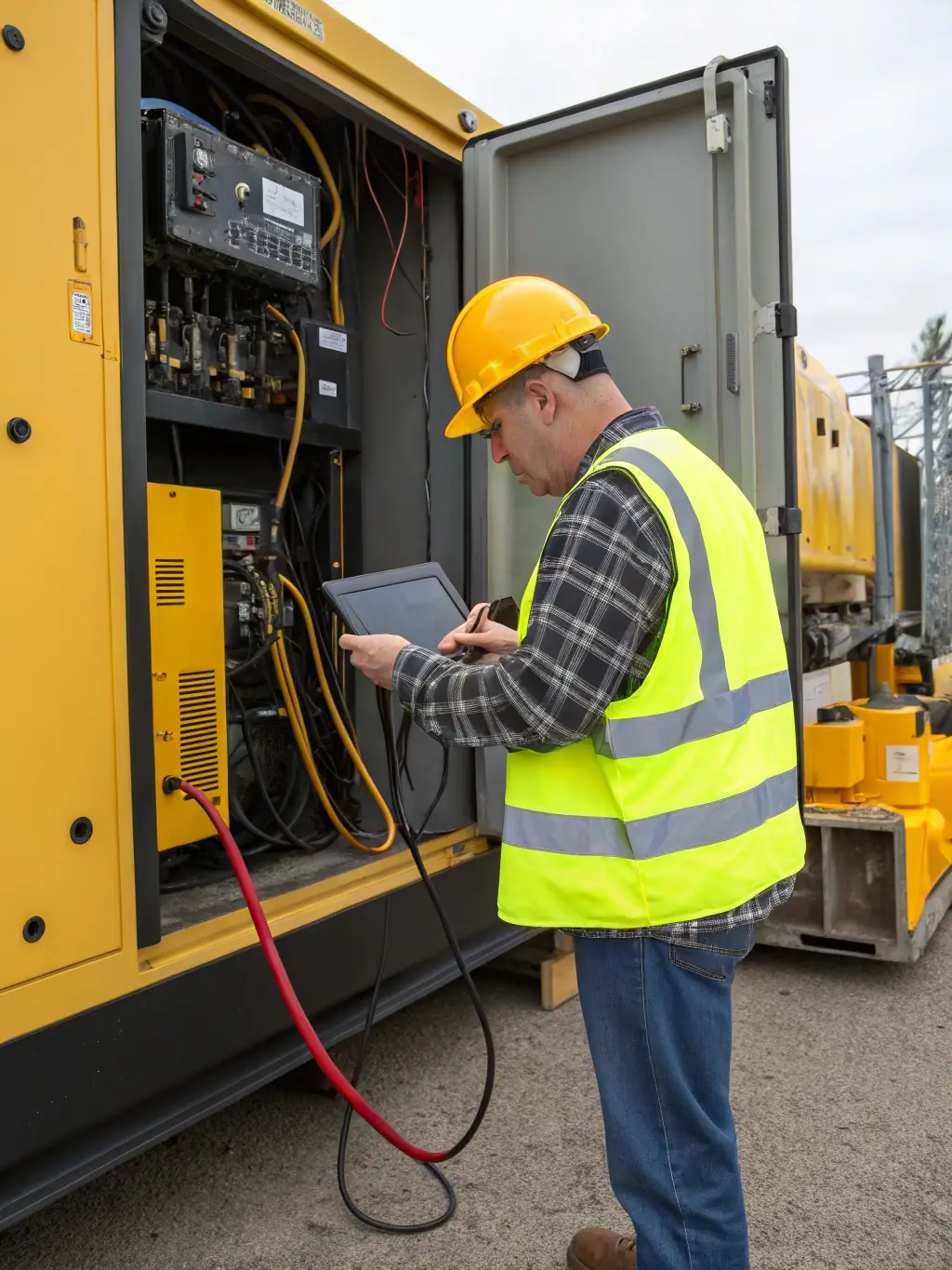 An engineer in a hard hat and safety vest is meticulously performing a load bank test on a large industrial generator, with various cables and monitoring equipment visible.