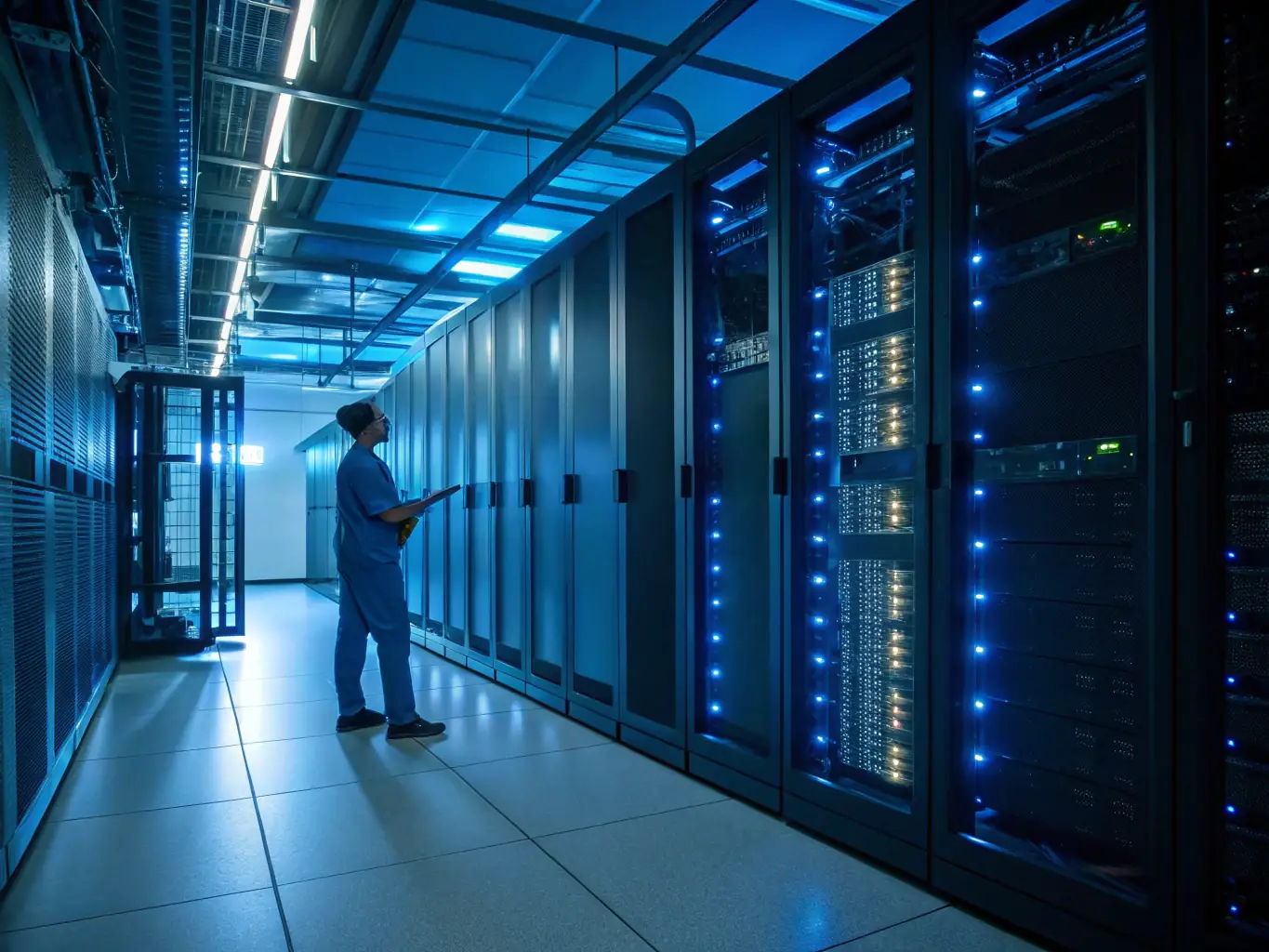 A modern data center with rows of servers and cooling systems, representing the critical need for uninterrupted power supply in the technology sector. The image should convey reliability and efficiency.