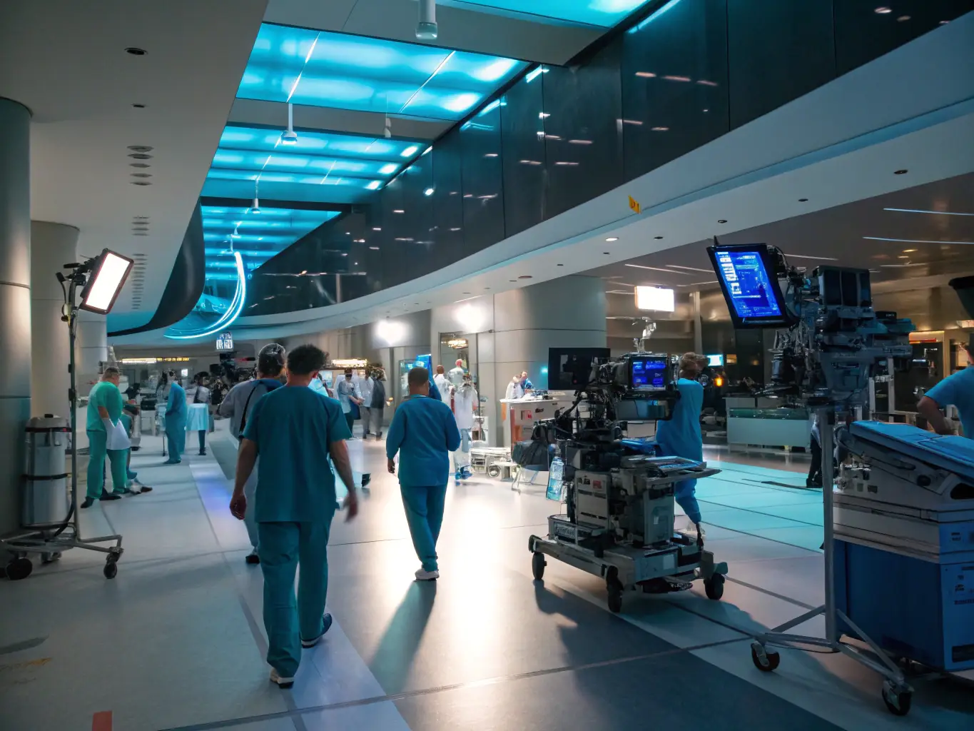 A hospital emergency room with medical equipment and staff, highlighting the importance of backup power systems for critical healthcare services. The image should convey a sense of urgency and reliability.