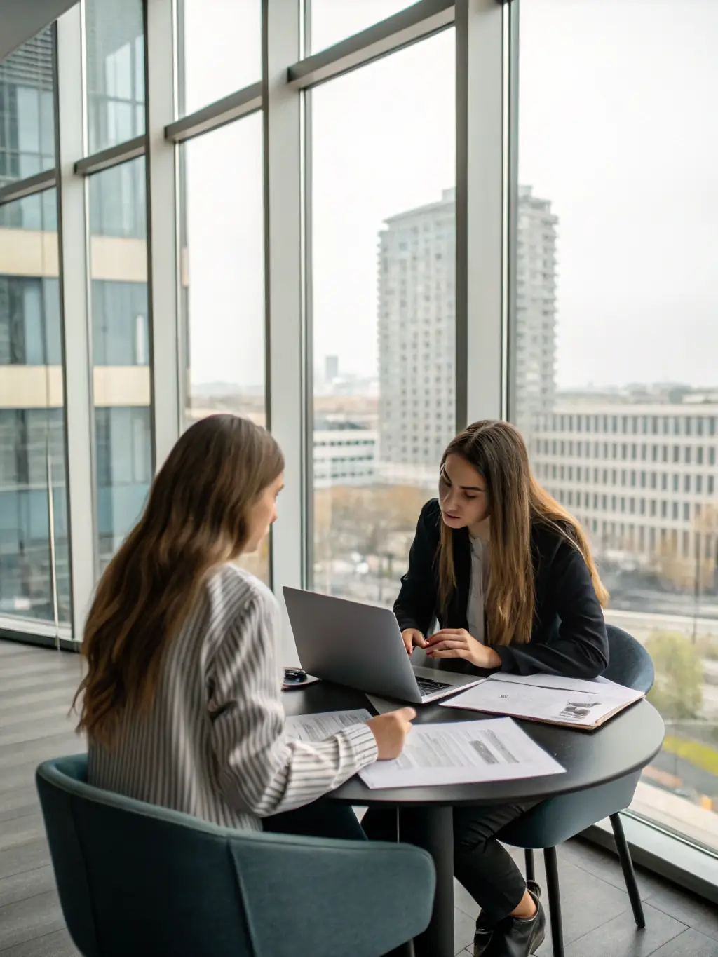 A consultant in a professional setting is engaged in a discussion with a client, reviewing blueprints and discussing power generation solutions.