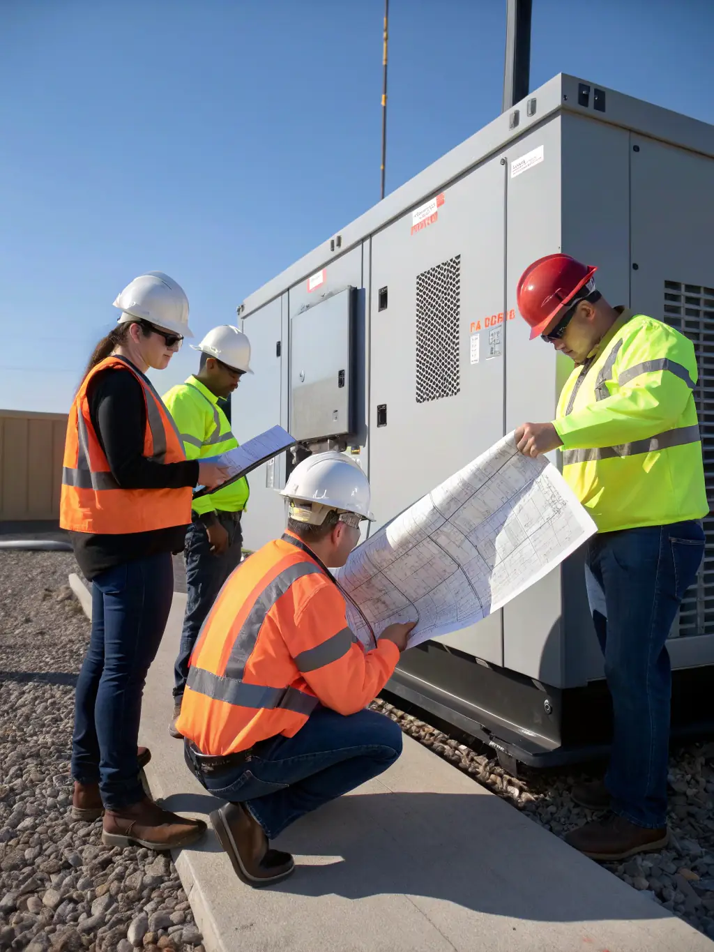 A team of certified technicians is shown installing a new power generator on-site, ensuring correct configuration and optimal performance.