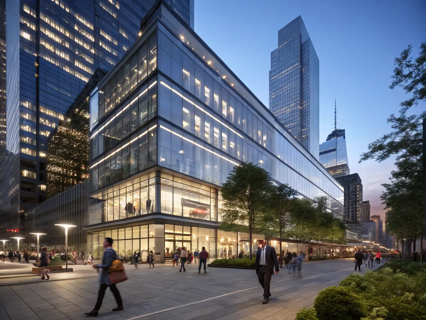 A modern commercial building with glass facade, representing the need for efficient and reliable power solutions in commercial real estate. The image should convey sophistication and sustainability.