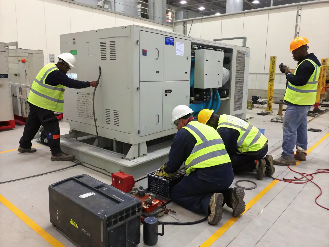 A team of engineers installing a new power generator system in an industrial facility.