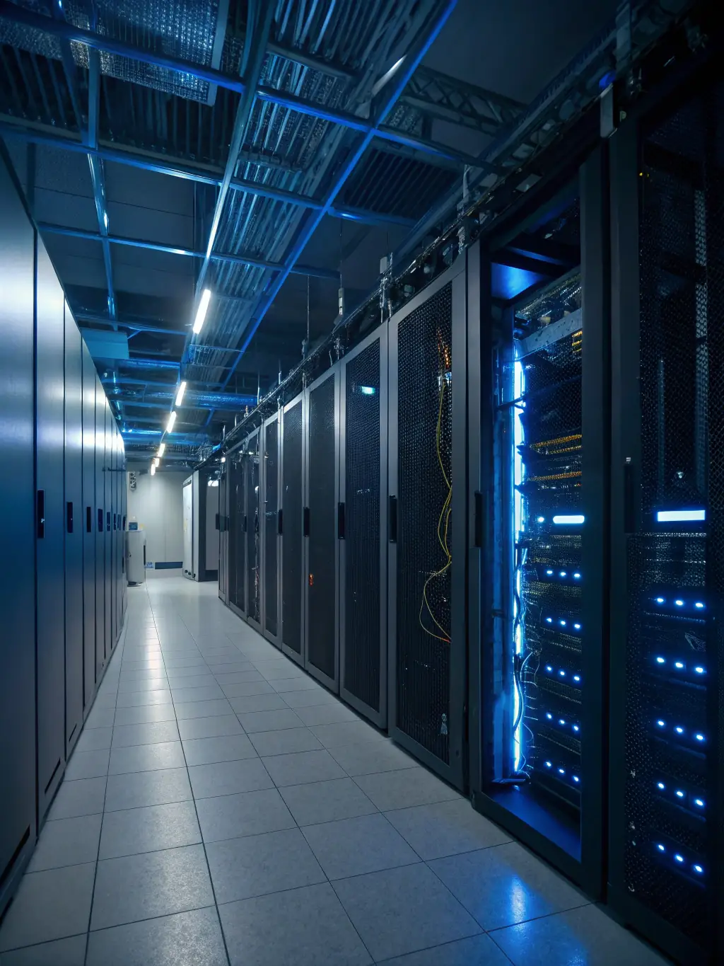 A photograph of a modern data center with rows of servers and cooling systems, emphasizing the critical power infrastructure required for continuous operation. The image should convey reliability and technological advancement.