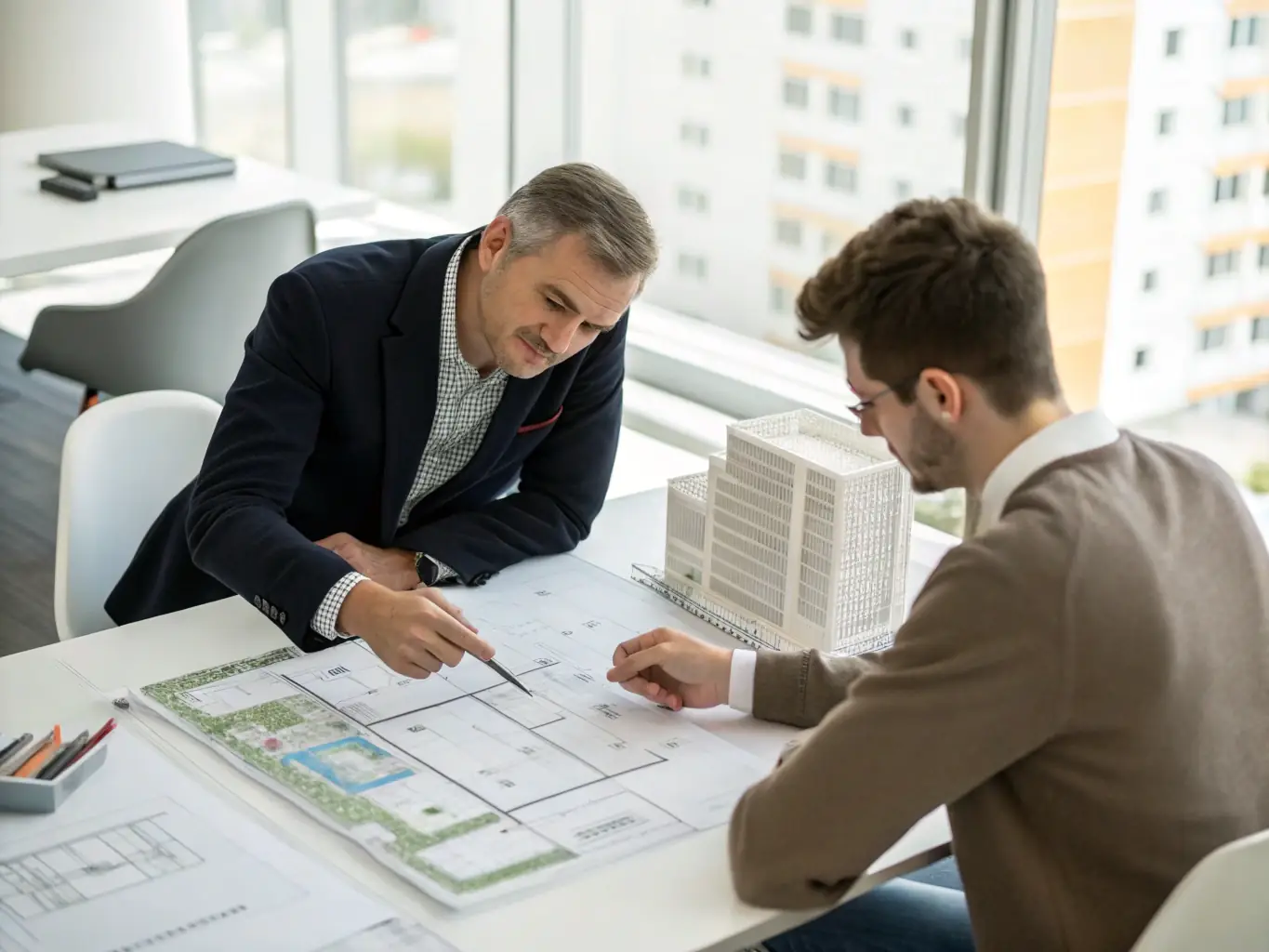 A consultant in a hard hat reviewing blueprints with a client in a modern office setting.
