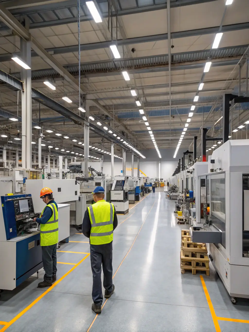 A photograph of an industrial manufacturing plant with various machinery and production lines, emphasizing the need for stable and continuous power supply. The image should convey productivity and technological integration.