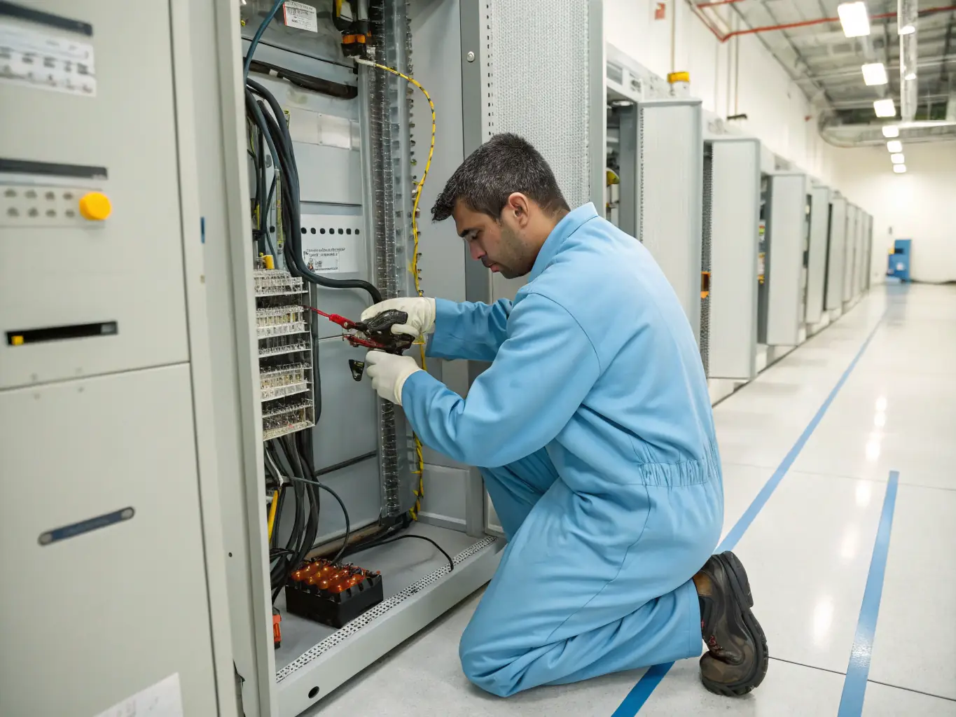 A technician in Electrogen Power Solutions uniform inspecting the control panel of a generator during an annual maintenance check, with various tools and testing equipment visible in the background.
