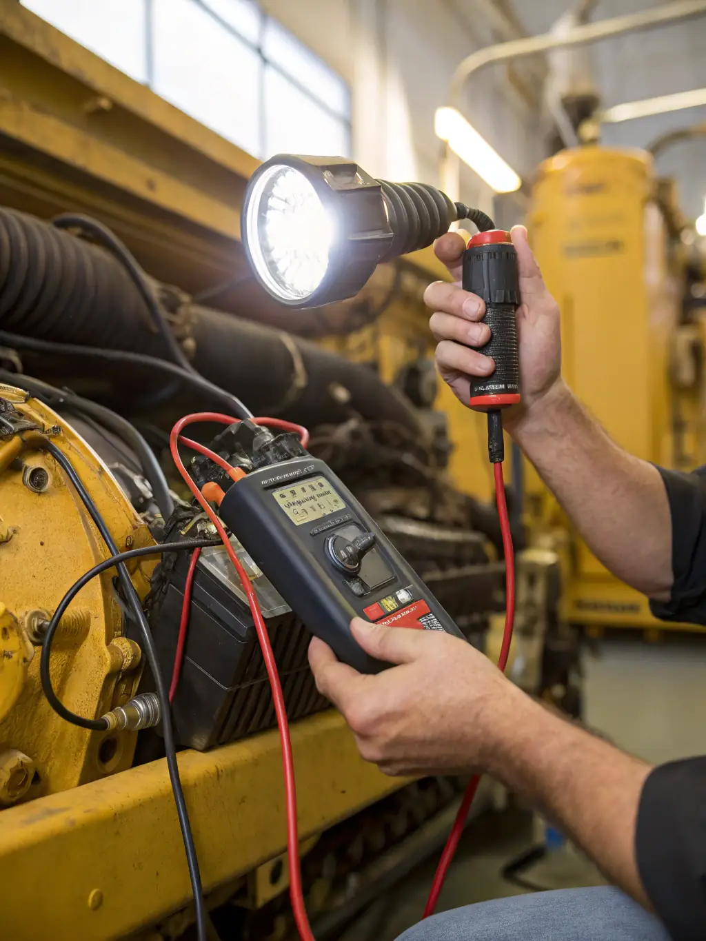 A high-resolution photograph depicting a technician meticulously inspecting the internal components of a generator engine during an overhaul at Electrogen Power Solutions' workshop.