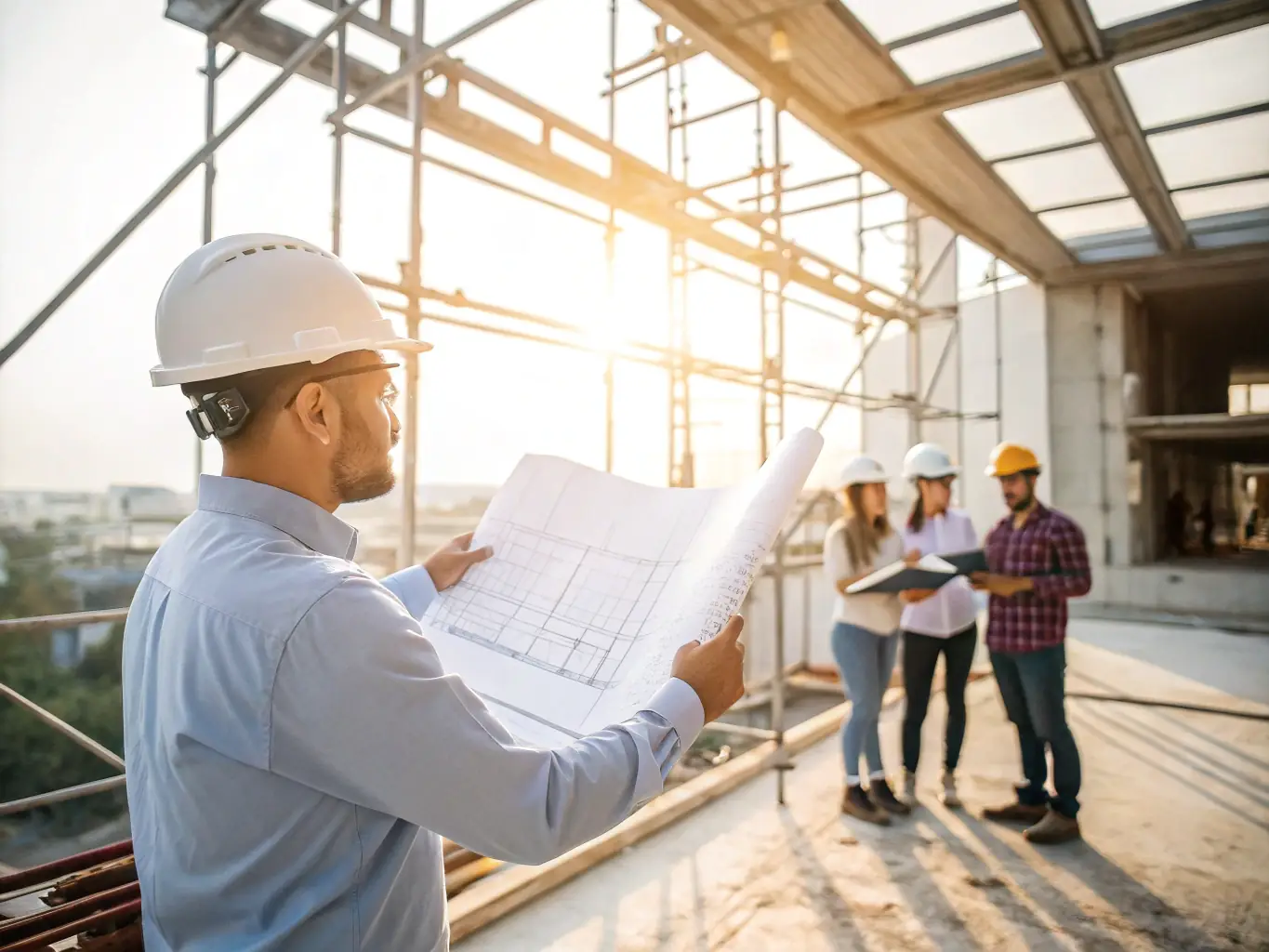 A professional engineer in a hard hat reviews blueprints at a construction site, symbolizing Electrogen's expert guidance in power solutions.